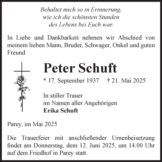 Traueranzeige von Peter Schuft von Volksstimme Burg/Genthin