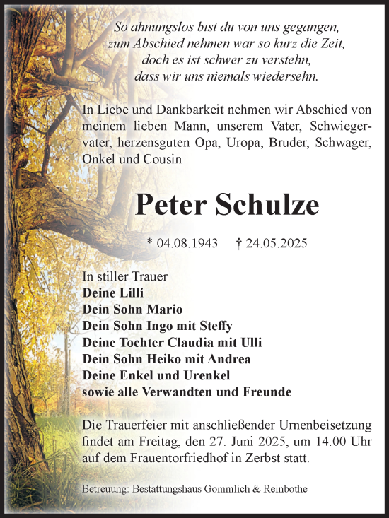 Traueranzeige von Peter Schulze von Volksstimme Zerbst
