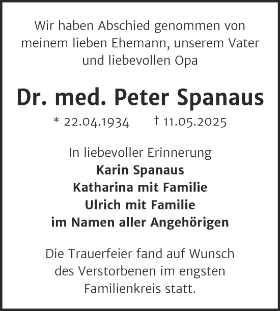 Traueranzeige von Peter Spanaus von Mitteldeutsche Zeitung Halle/Saalkreis