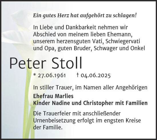 Traueranzeige von Peter Stoll von Trauerkombi Bernburg