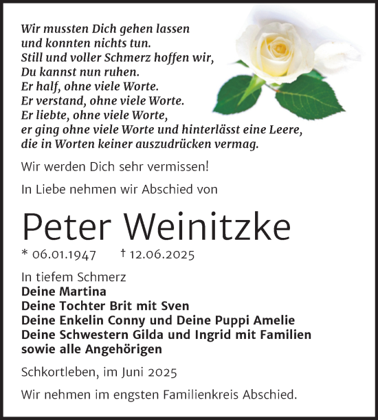 Traueranzeige von Peter Weinitzke von Trauerkombi Weißenfels