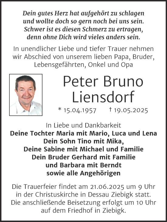 Traueranzeige von Peter Bruno Liensdorf von Trauerkombi Dessau