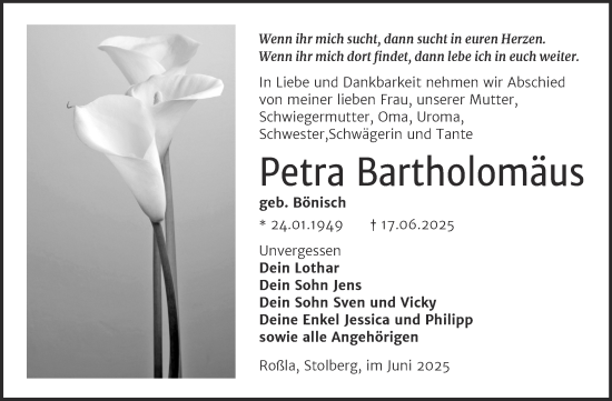 Traueranzeige von Petra Bartholomäus von Mitteldeutsche Zeitung Aschersleben