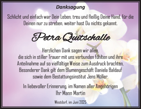 Traueranzeige von Petra Quitschalle von Trauerkombi Aschersleben