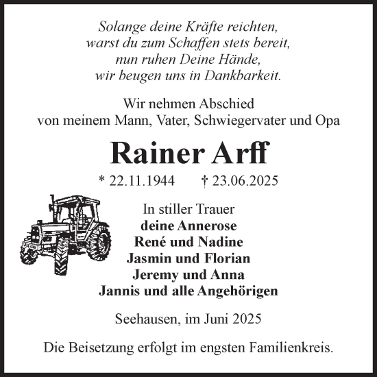 Traueranzeige von Rainer Arff von Volksstimme Altmark Ost