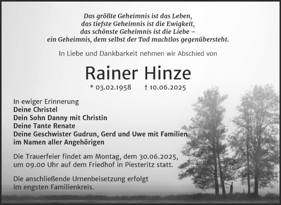Traueranzeige von Rainer Hinze von Trauerkombi Wittenberg