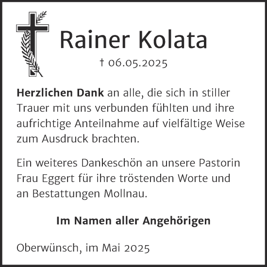 Traueranzeige von Rainer Kolata von Trauerkombi Merseburg