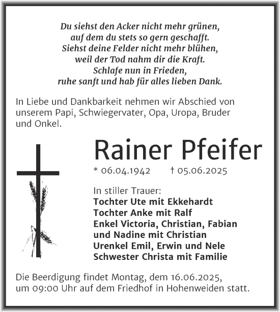 Traueranzeige von Rainer Pfeifer von Mitteldeutsche Zeitung Halle/Saalkreis