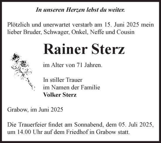 Traueranzeige von Rainer Sterz von Volksstimme Burg/Genthin