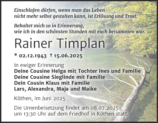 Traueranzeige von Rainer Timplan von Trauerkombi Köthen