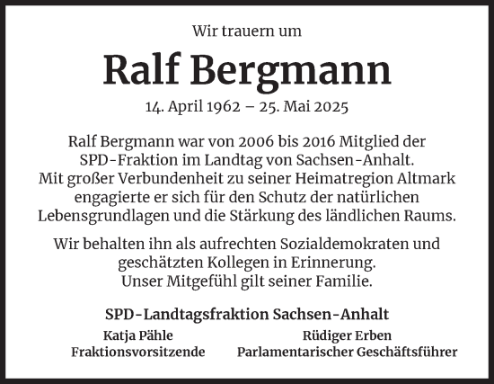 Traueranzeige von Ralf Bergmann von Volksstimme Altmark Ost
