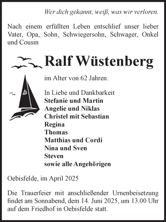 Traueranzeige von Ralf Wüstenberg von Volksstimme Altmark West