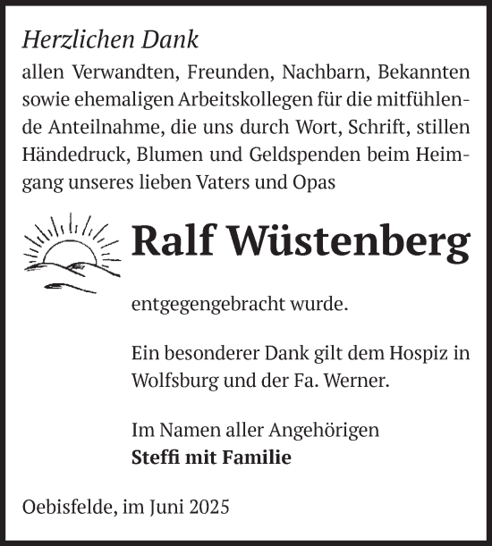 Traueranzeige von Ralf Wüstenberg von Volksstimme Altmark West