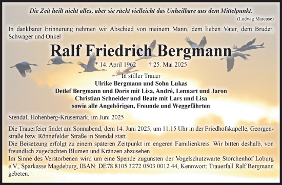 Traueranzeige von Ralf Friedrich Bergmann von Volksstimme Altmark Ost