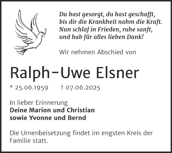 Traueranzeige von Ralph-Uwe Elsner von Trauerkombi Wittenberg