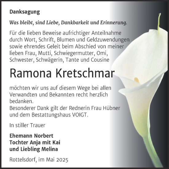 Traueranzeige von Ramona Kretschmar von Trauerkombi Mansfelder Land