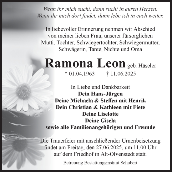 Traueranzeige von Ramona Leon von Volksstimme Magdeburg