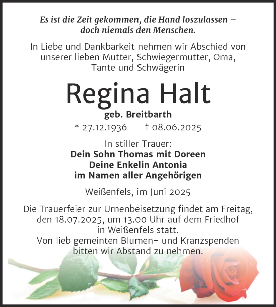Traueranzeige von Regina Halt von Trauerkombi Weißenfels