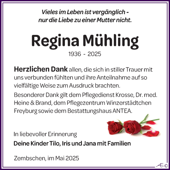 Traueranzeige von Regina Mühling von Trauerkombi Weißenfels