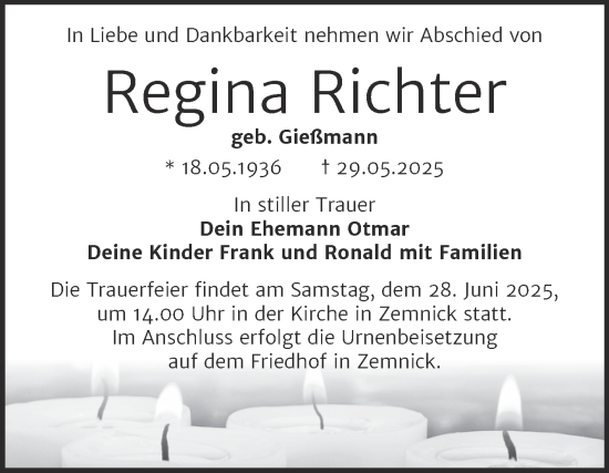 Traueranzeige von Regina Richter von Trauerkombi Wittenberg
