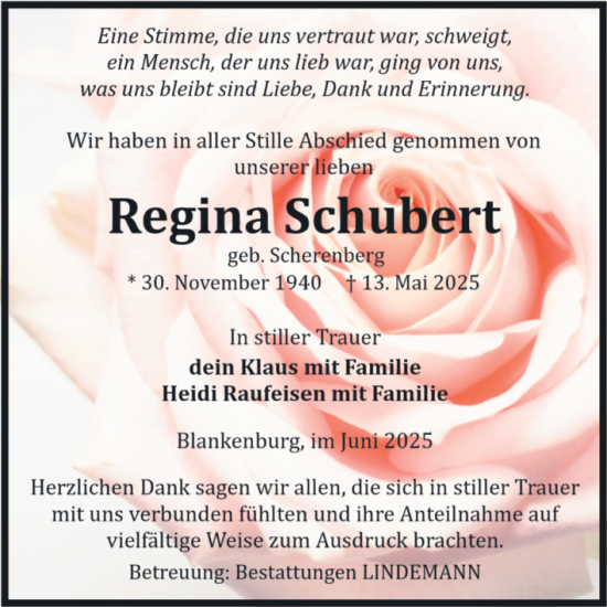 Traueranzeige von Regina Schubert von Volksstimme Wernigerode