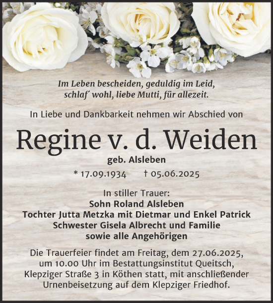 Traueranzeige von Regine von der Weiden von Trauerkombi Köthen