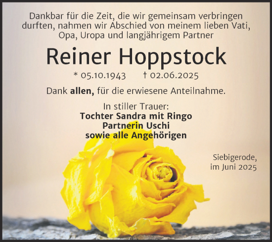 Traueranzeige von Reiner Hoppstock von Trauerkombi Mansfelder Land