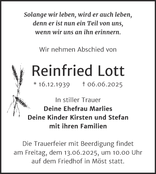 Traueranzeige von Reinfried Lott von Mitteldeutsche Zeitung Bitterfeld