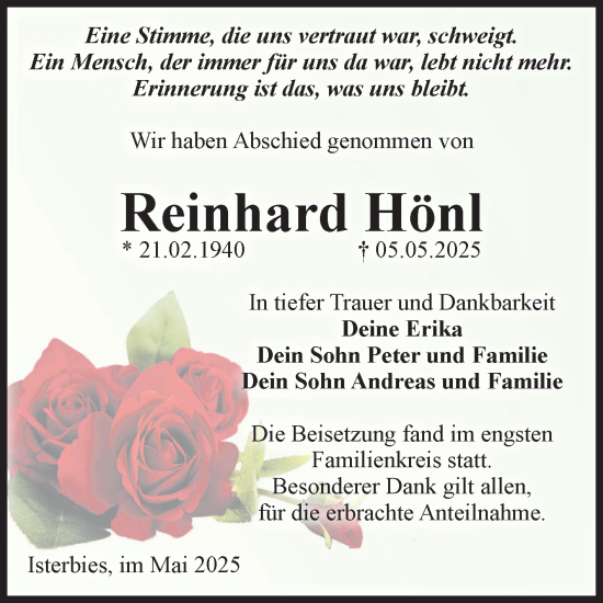 Traueranzeige von Reinhard Hönl von Volksstimme Zerbst