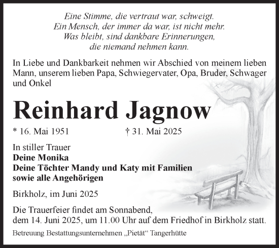 Traueranzeige von Reinhard Jagnow von Volksstimme Altmark Ost