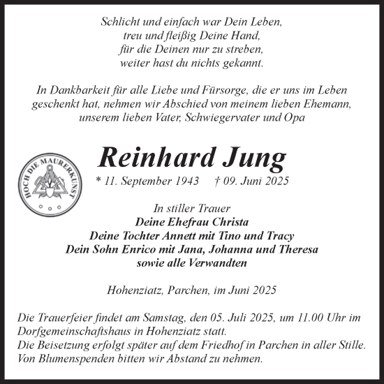 Traueranzeige von Reinhard Jung von Volksstimme Burg/Genthin