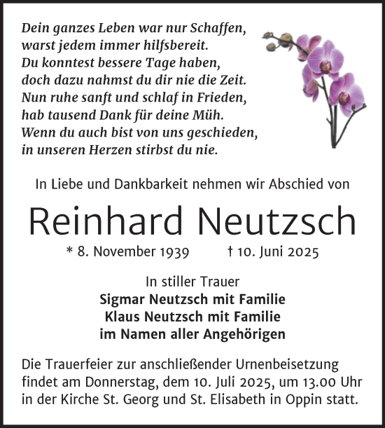 Traueranzeige von Reinhard Neutzsch von Mitteldeutsche Zeitung Halle/Saalkreis