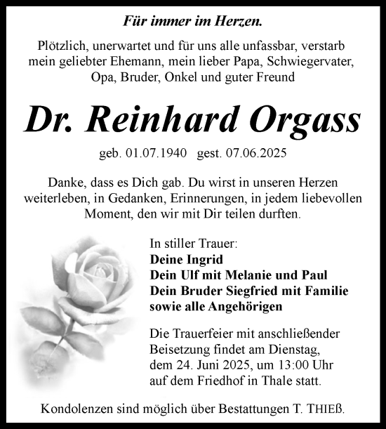 Traueranzeige von Reinhard Orgass von Trauerkombi Quedlinburg