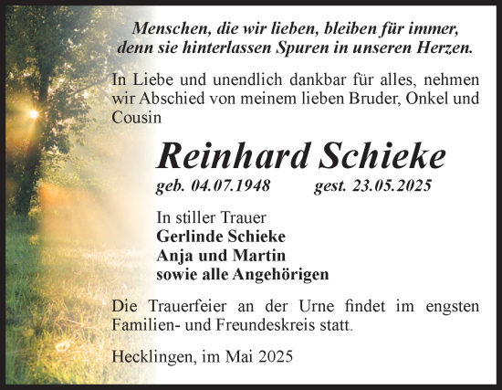 Traueranzeige von Reinhard Schieke von Volksstimme Staßfurt