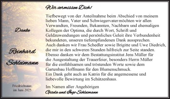 Traueranzeige von Reinhard Schleimann von Trauerkombi Aschersleben