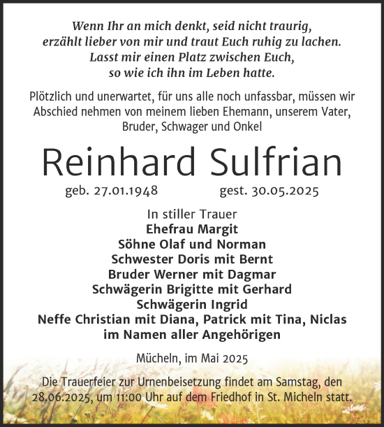 Traueranzeige von Reinhard Sulfrian von Trauerkombi Merseburg