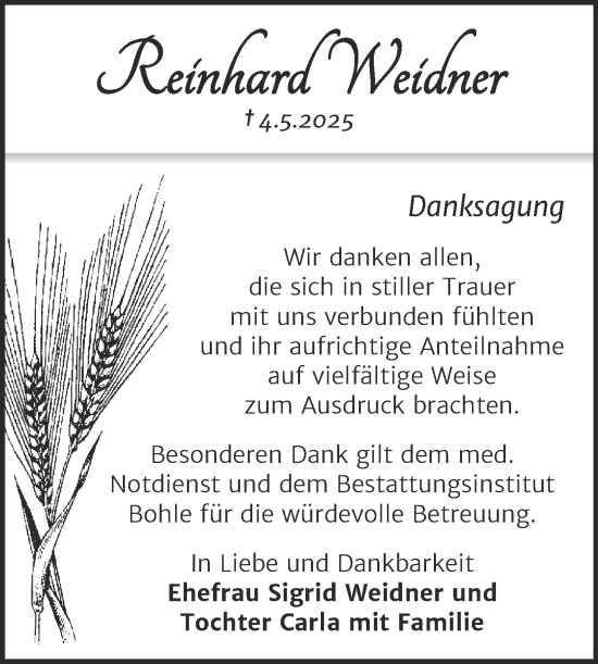 Traueranzeige von Reinhard Weidner von Trauerkombi Merseburg