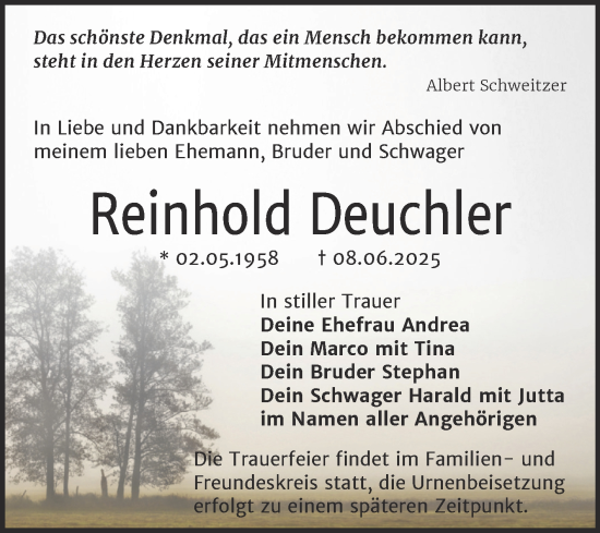 Traueranzeige von Reinhold Deuchler von Trauerkombi Bitterfeld