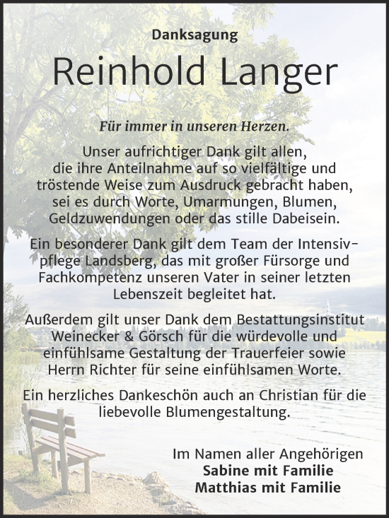 Traueranzeige von Reinhold Langer von Trauerkombi Bernburg