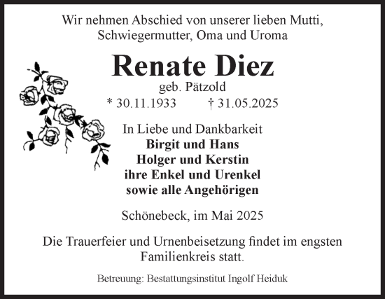 Traueranzeige von Renate Diez von Volksstimme Schönebeck