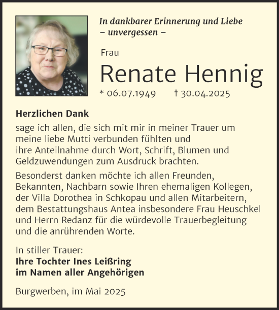 Traueranzeige von Renate Hennig von Trauerkombi Weißenfels