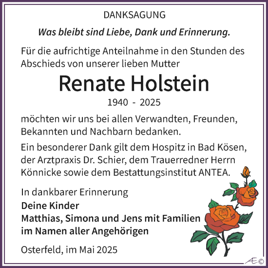 Traueranzeige von Renate Holstein von Trauerkombi Zeitz