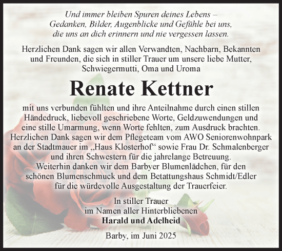 Traueranzeige von Renate Kettner von Volksstimme Schönebeck