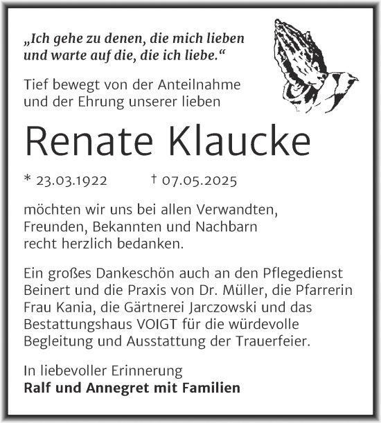 Traueranzeige von Renate Klaucke von Trauerkombi Mansfelder Land