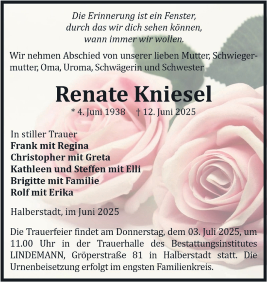Traueranzeige von Renate Kniesel von Volksstimme Halberstadt