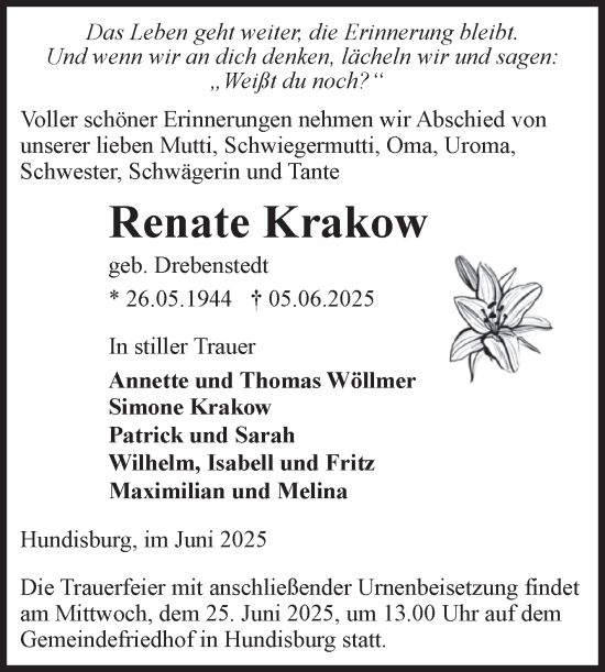 Traueranzeige von Renate Krakow von Volksstimme Haldensleben/Wolmirstedt