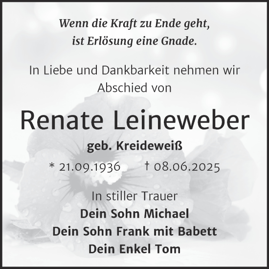 Traueranzeige von Renate Leineweber von Trauerkombi Dessau