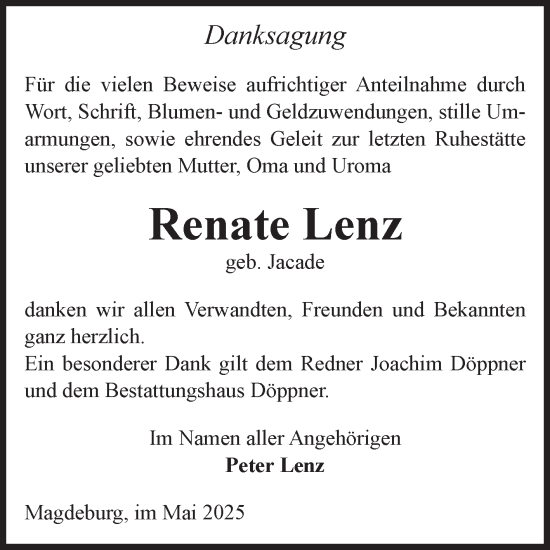 Traueranzeige von Renate Lenz von Volksstimme Magdeburg