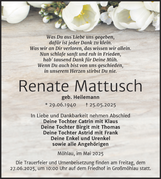 Traueranzeige von Renate Mattusch von Trauerkombi Wittenberg