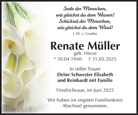 Traueranzeige von Renate Müller von Super Sonntag Aschersleben